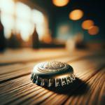 DALL·E 2024-02-24 11.35.23 - A close-up photo of a beer bottle cap, resting on a wooden table. The cap should have a shiny, metallic finish with intricate designs embossed on its .png